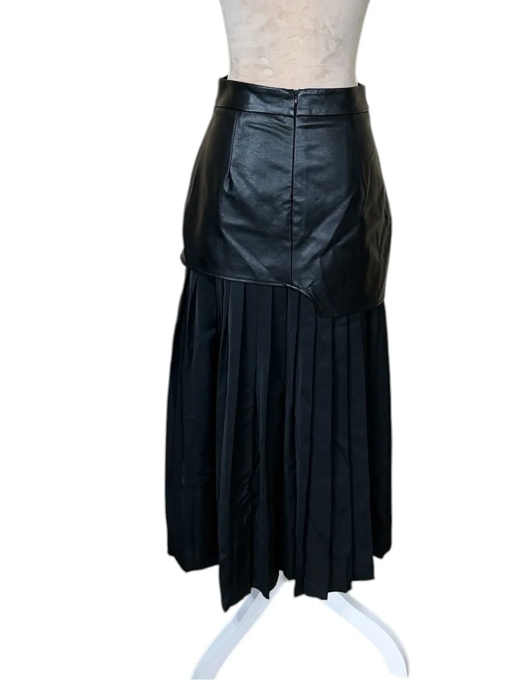 Commense Black Asymmetric Patchwork Faux Leather Chiffon Pleated Midi Skirt